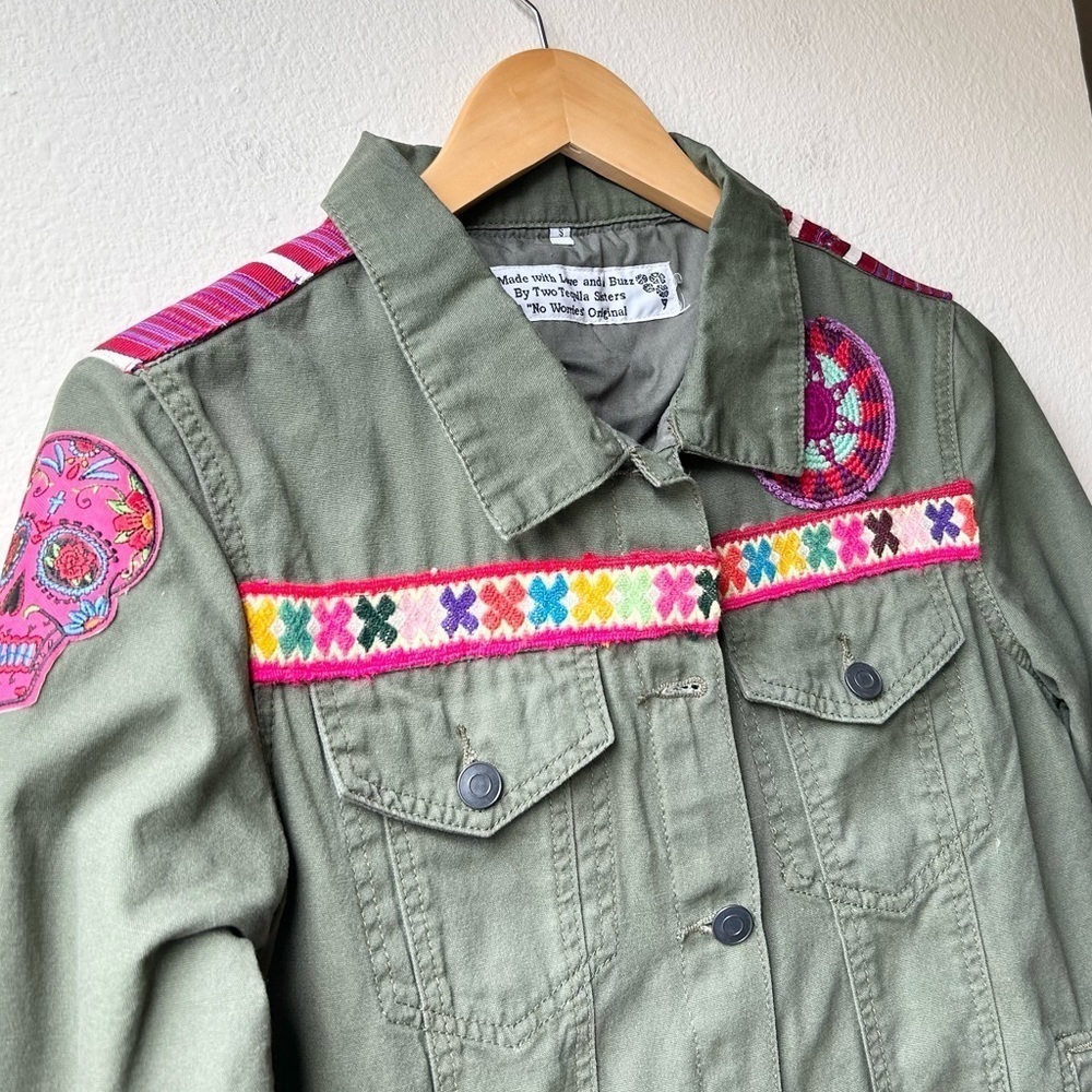 Two Tequila Sisters Custom Made Green Pink Denim Jacket Sz Small - Picture 3 of 13